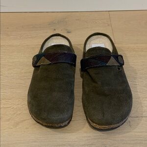 Earth Origins Olive Suede Clogs with Plaid Strap